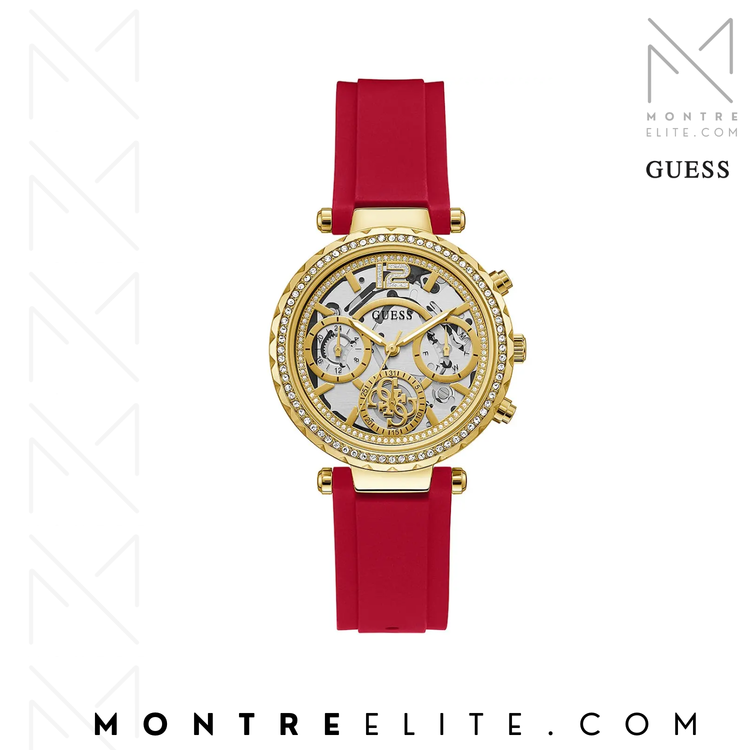 Montre Guess Solstice GW0484L1 pour femme, boîtier acier inoxydable 36 mm et bracelet silicone rouge